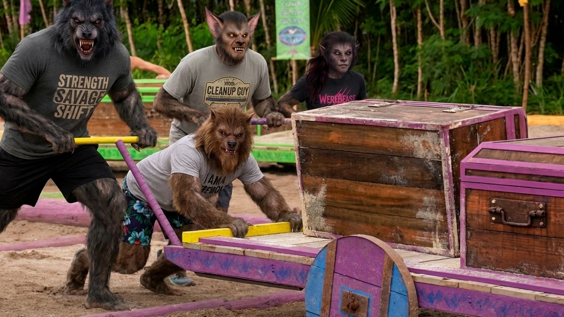 Three castaways pushing a wooden supply cart during a challenge