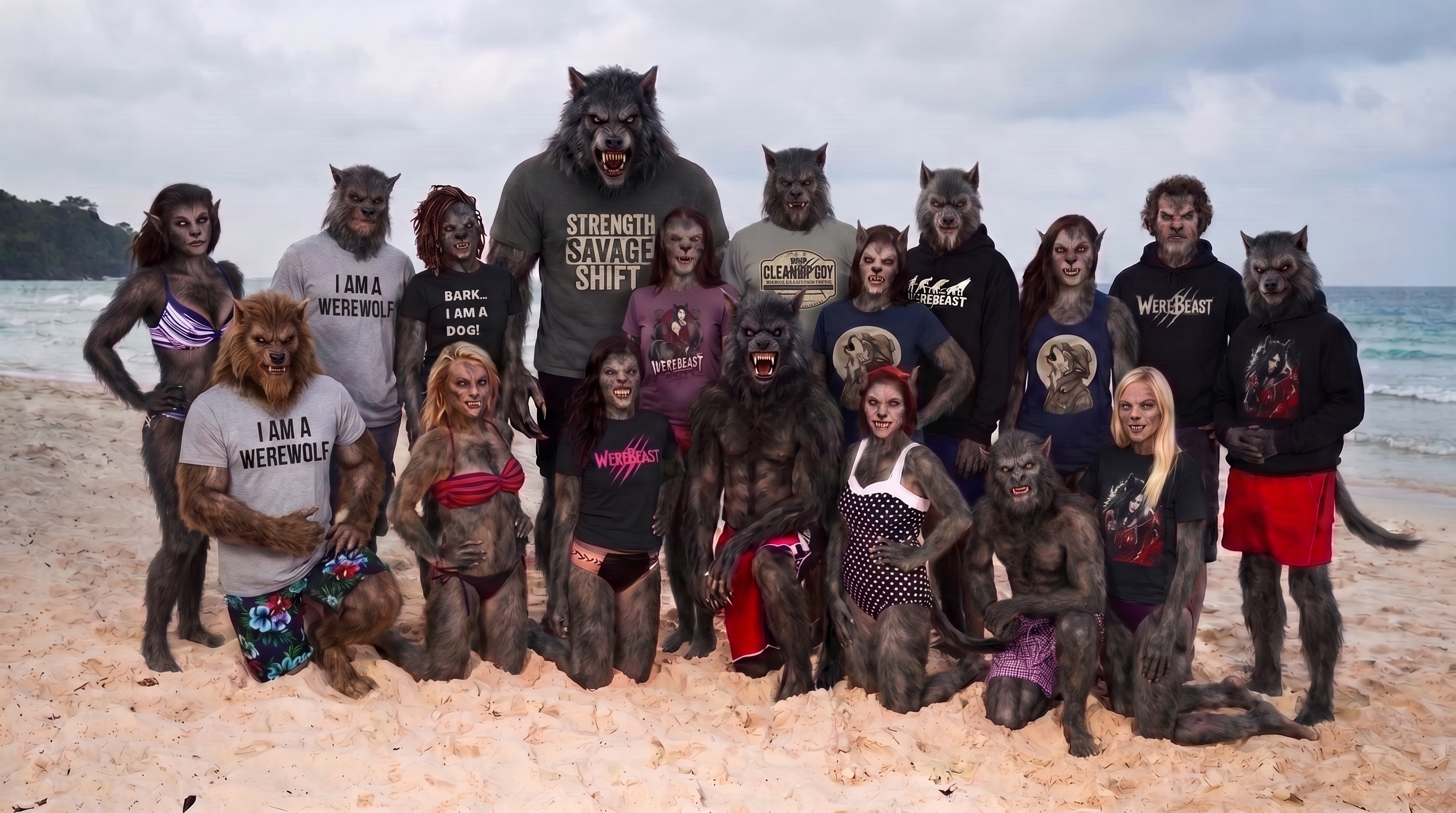 Full cast of eighteen werebeast castaways lined up on the beach for the official tribe photo
