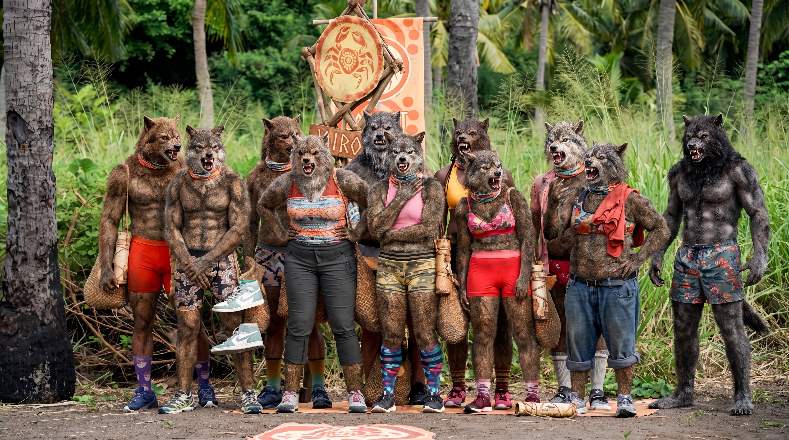 One tribe lined up in orange buffs beside their tribal banner